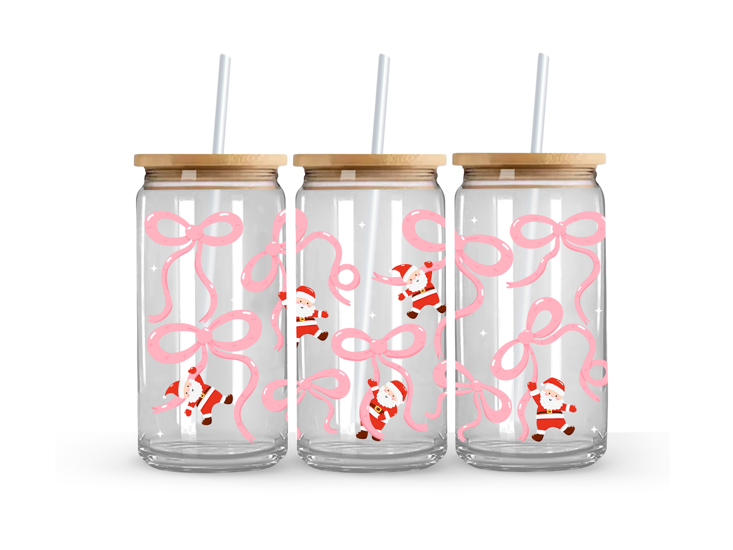 Santa Pink Bow Christmas - Glass Can Cup - 473ml