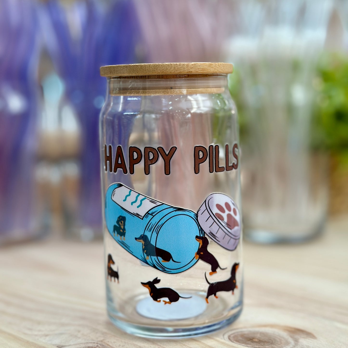 Dachshund 'Happy Pills' Glass Can Cup - 473ml