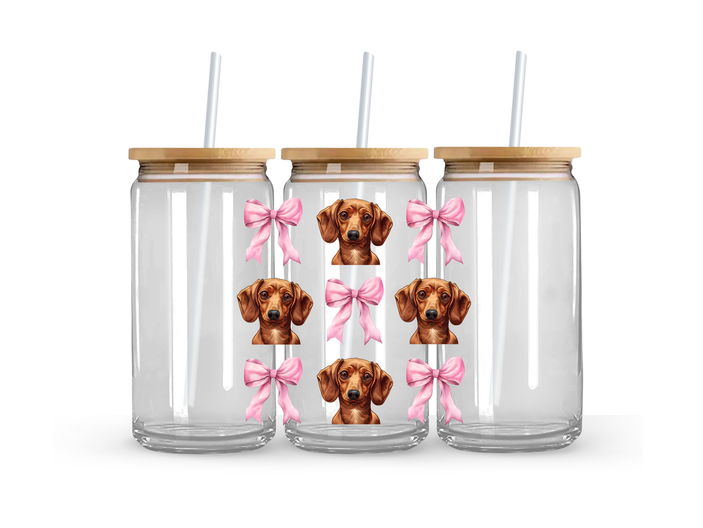 Brown Dachshund & Bow - Glass Can Cup - 473ml