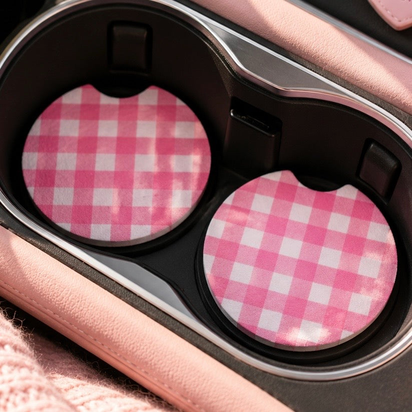 Pink Gingham Car Coasters