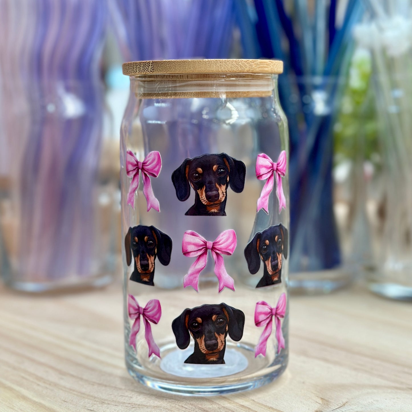 Black Dachshund Bow Glass Can Cup - 473ml