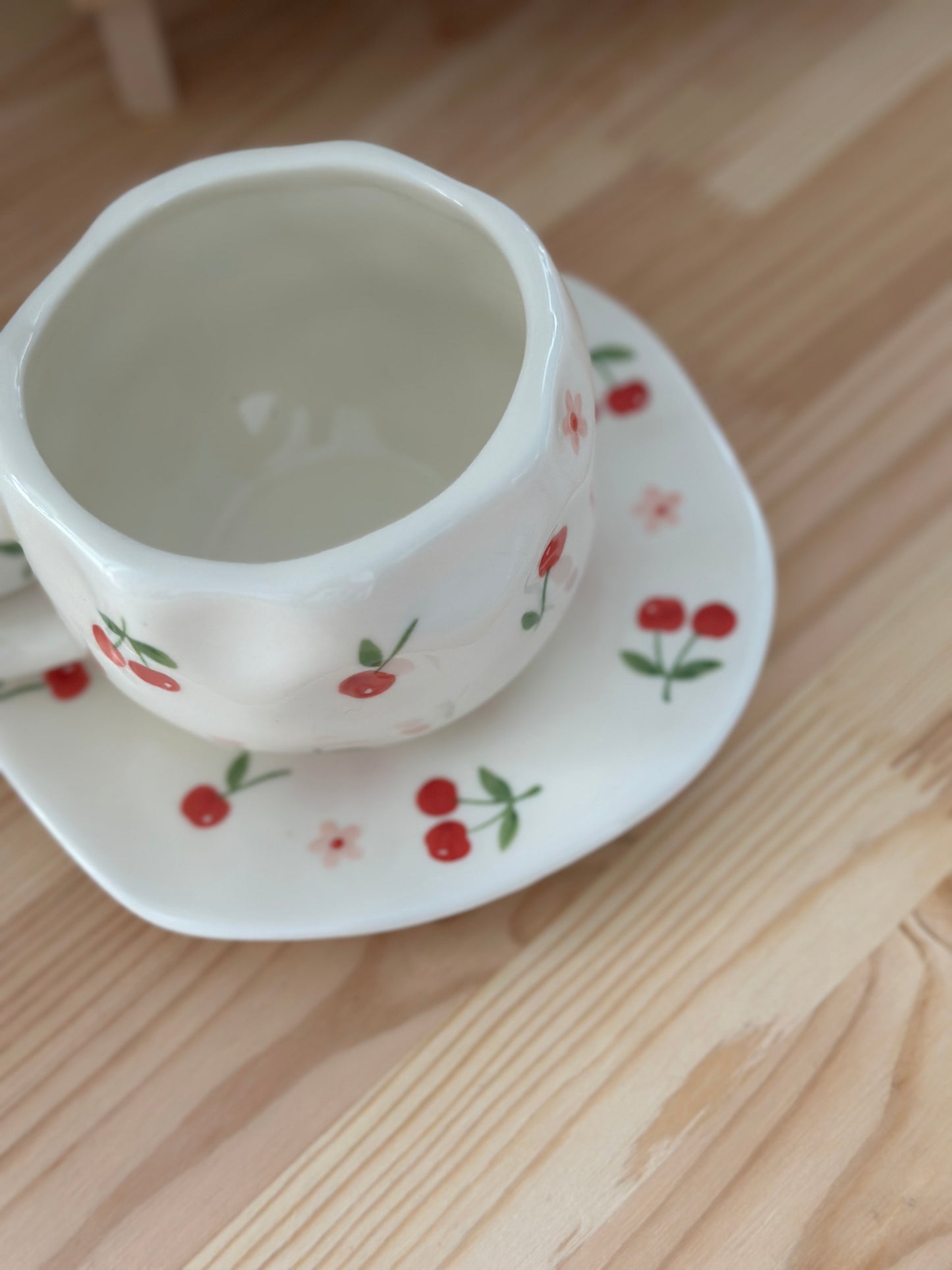 Ceramic Cherry Cup & Saucer - Ceramic Cup & Saucer Set or Mug - Gift & Kitchen Décor