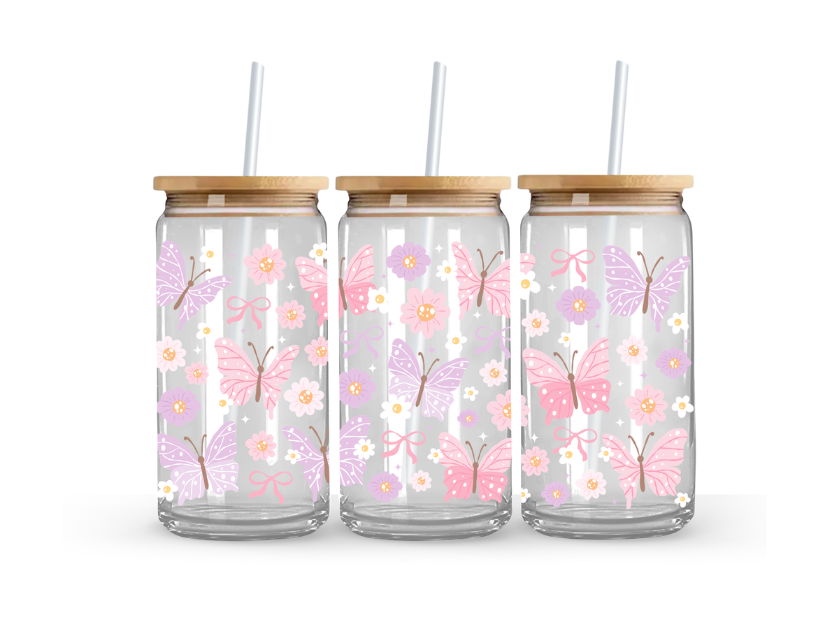 Pastel Butterfly Glass Can Cup - 473ml