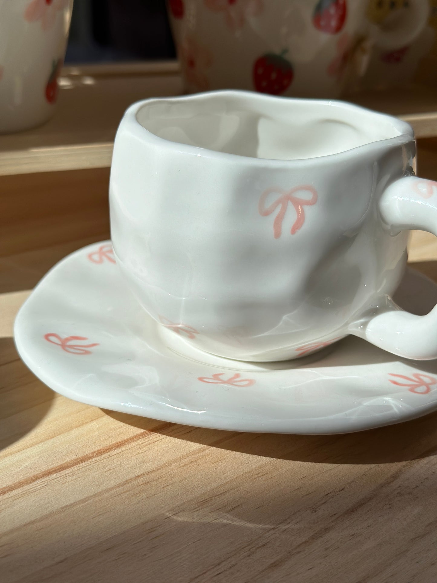 Ceramic Bow Cup & Saucer (Pink) - Ceramic Cup & Saucer Set or Mug - Gift & Kitchen Décor