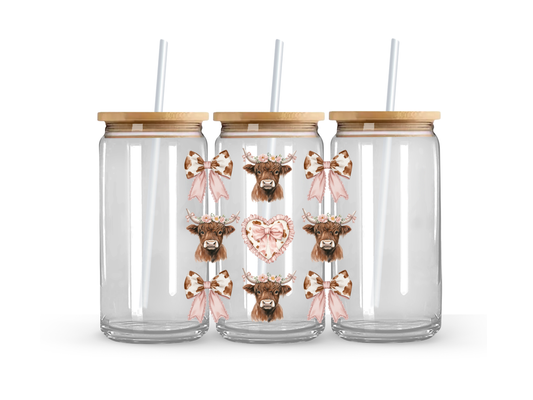 Highland Cow/Bow Glass Can Cup - 473ml
