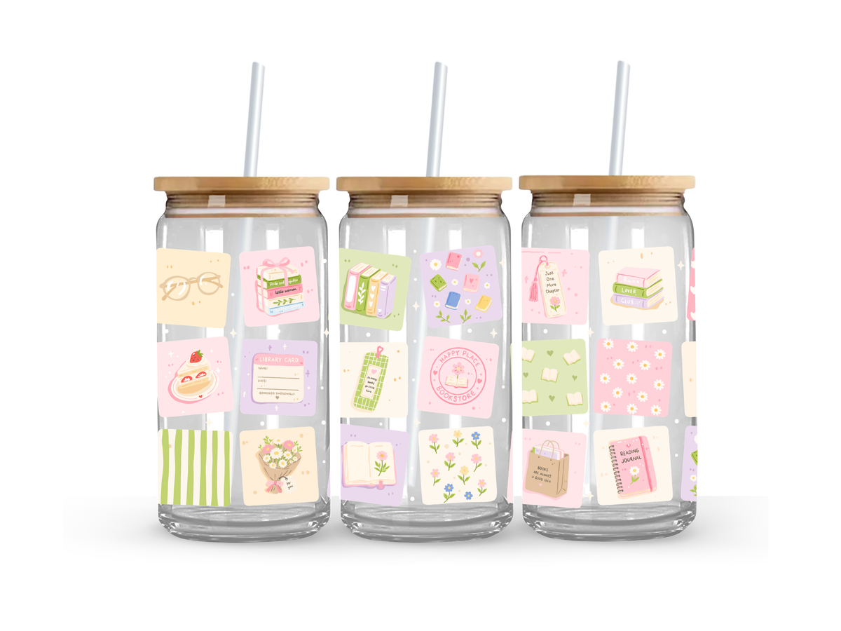 Bookish Stamps Glass Can Cup - 473ml