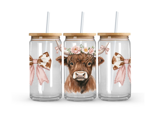 Coquette Highland Cow Glass Can Cup - 473ml