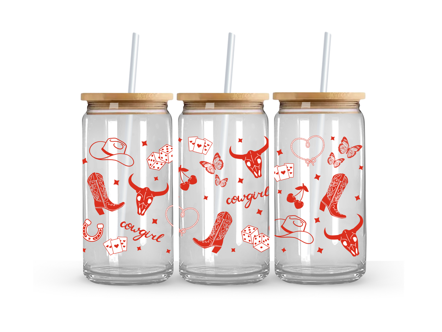 Lucky Red Cowgirl Glass Can Cup - 473ml