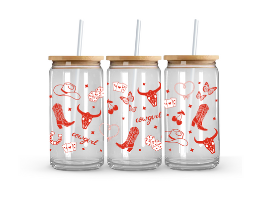 Lucky Red Cowgirl Glass Can Cup - 473ml