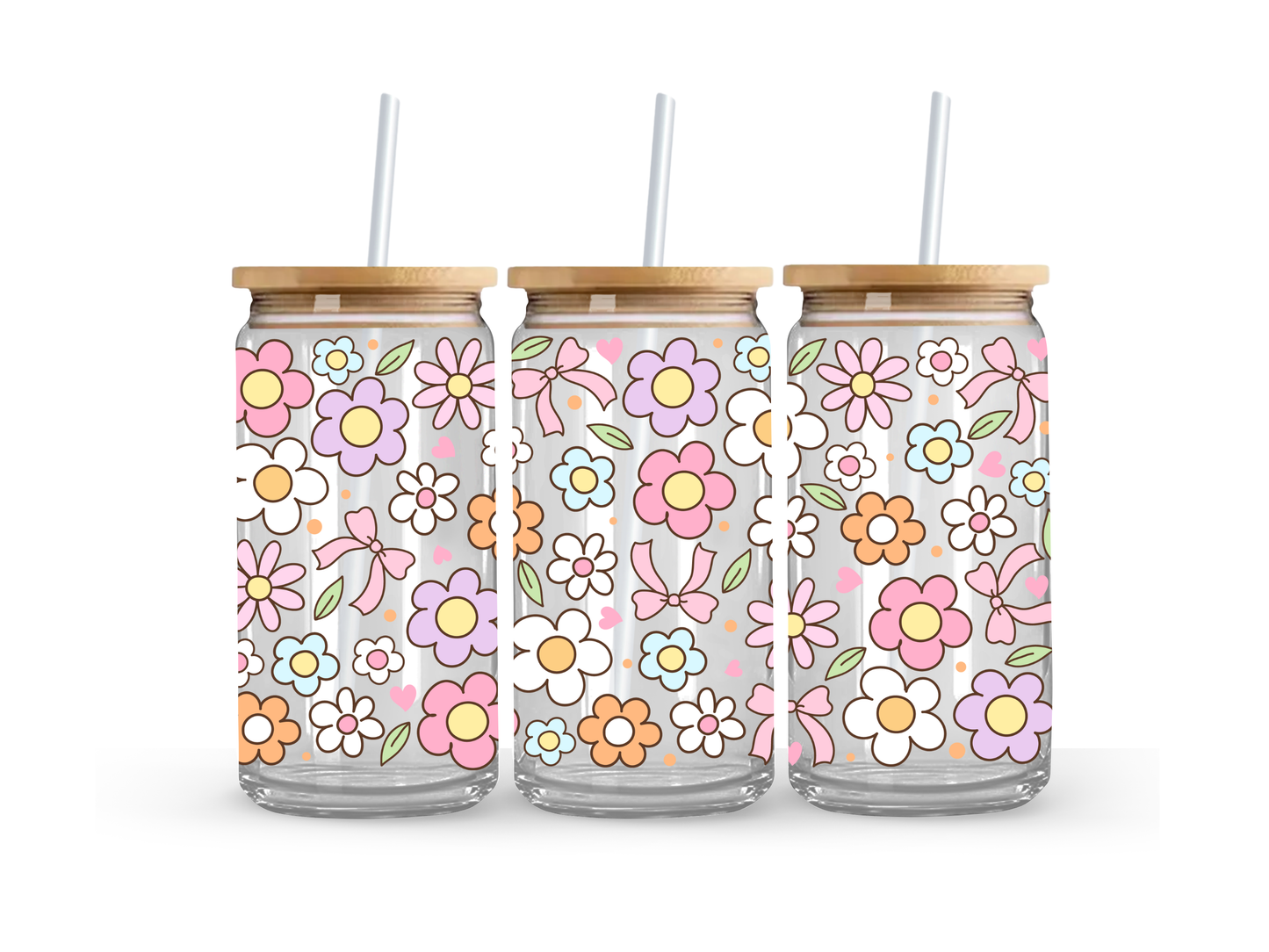 Pastel Flower Glass Can Cup - 473ml