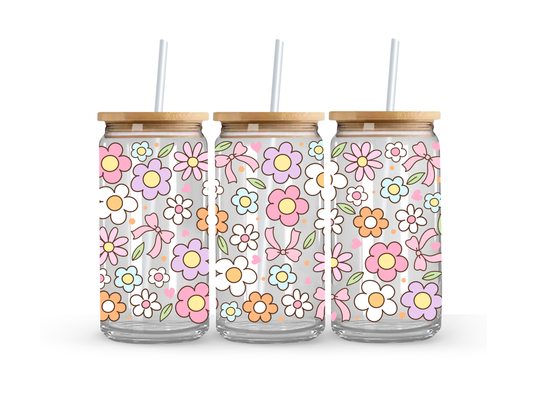 Pastel Flower Glass Can Cup - 473ml