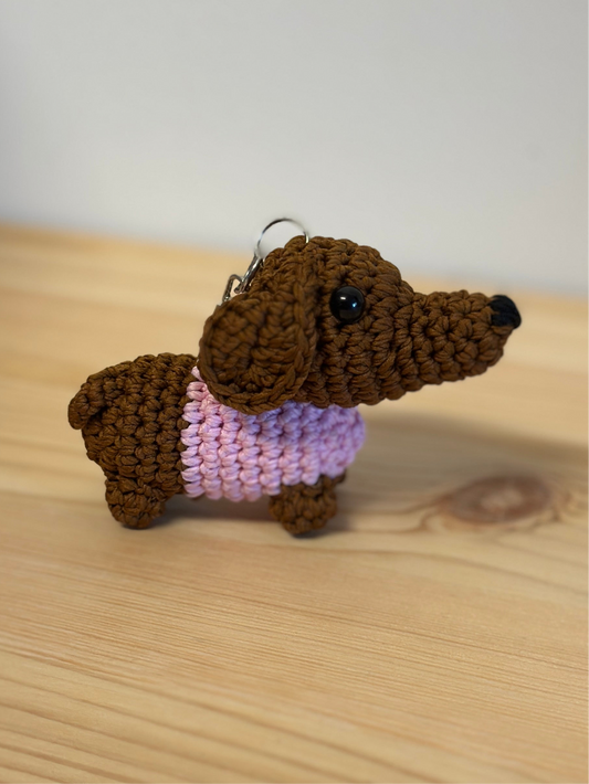 Pink Dachshund Amigurumi Keychain