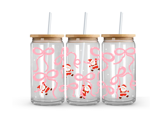 Santa Pink Bow Christmas - Glass Can Cup - 473ml