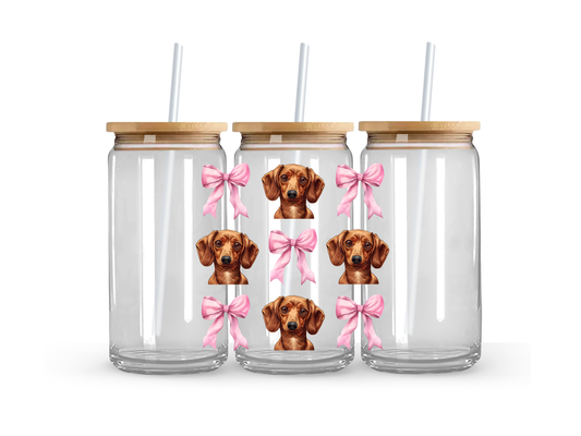 Brown Dachshund & Bow - Glass Can Cup - 473ml