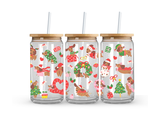 Christmas Dachshund - Glass Can Cup - 473ml
