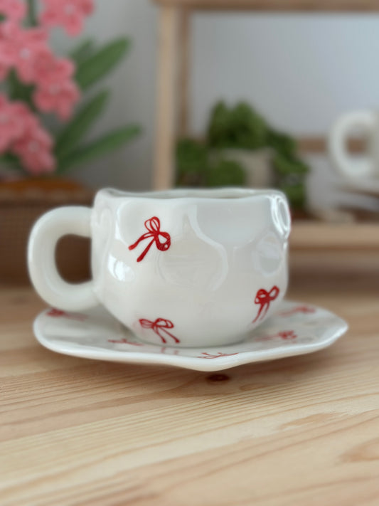 Ceramic Bow Cup & Saucer (Red) - Ceramic Cup & Saucer Set or Mug - Gift & Kitchen Décor