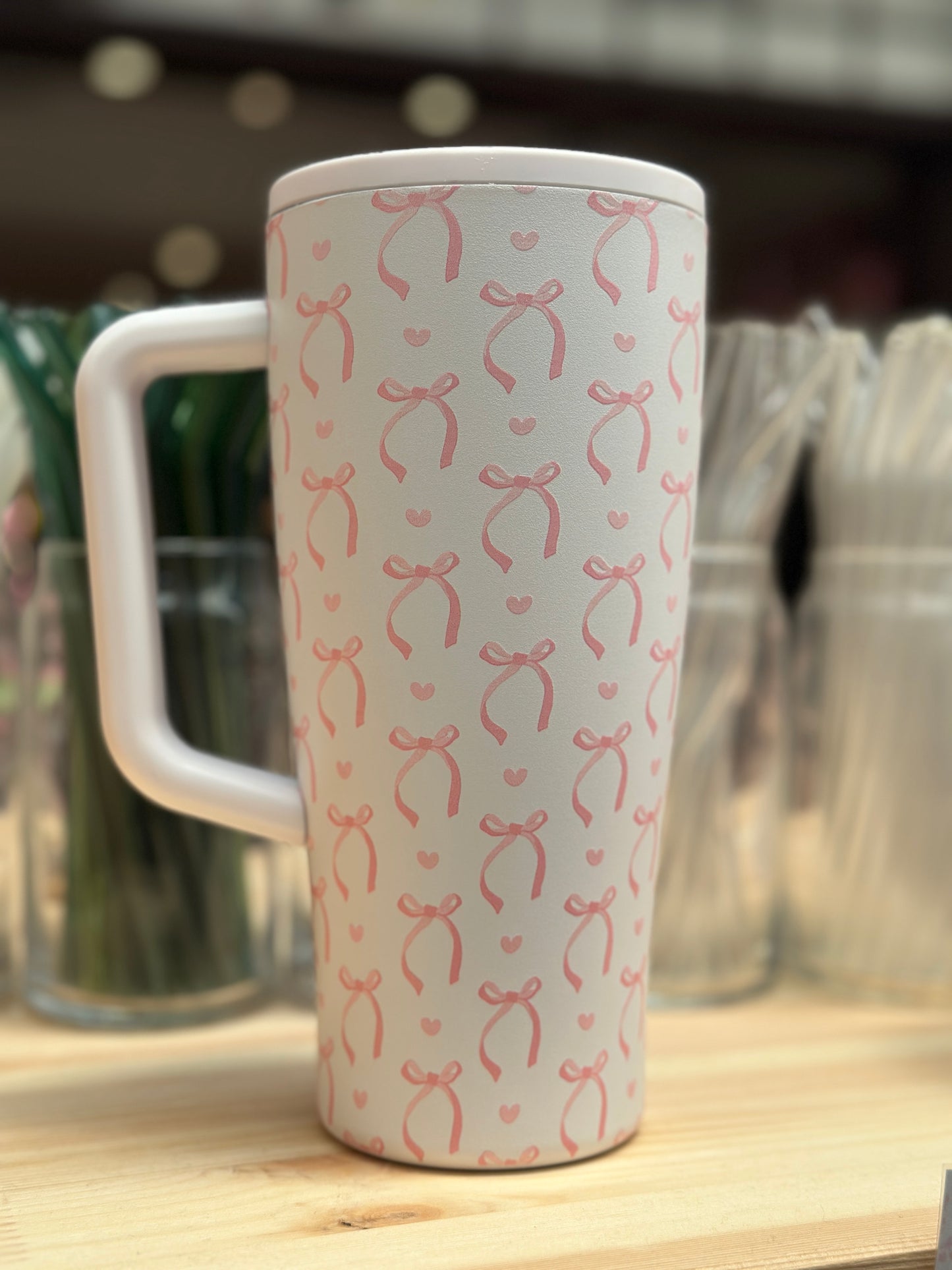 Pink Bow Insulated Tumbler with Handle