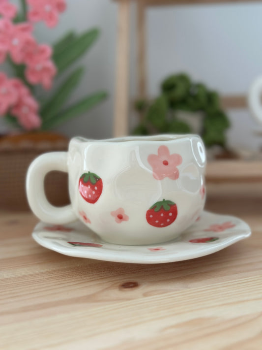 Ceramic Strawberry Cup & Saucer - Ceramic Cup & Saucer Set or Mug - Gift & Kitchen Décor