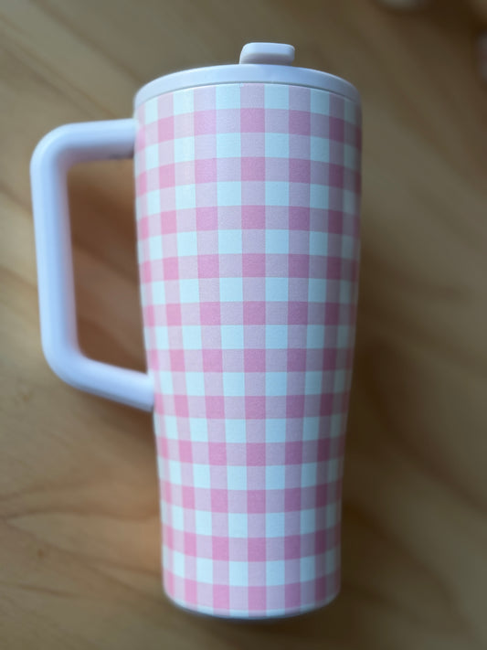 Pink Gingham Insulated Tumbler with Handle