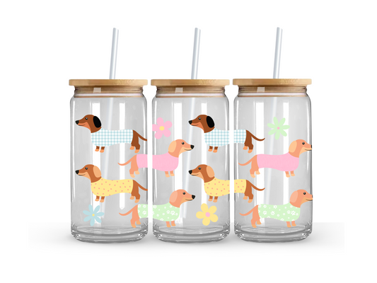 Floral Dachshund Glass Can Cup - 473ml