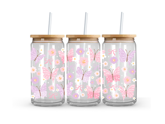 Pastel Butterfly Glass Can Cup - 473ml