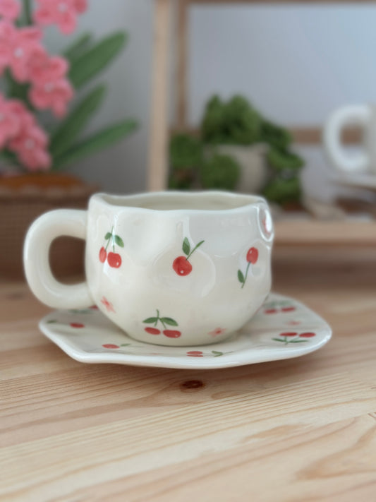 Ceramic Cherry Cup & Saucer - Ceramic Cup & Saucer Set or Mug - Gift & Kitchen Décor